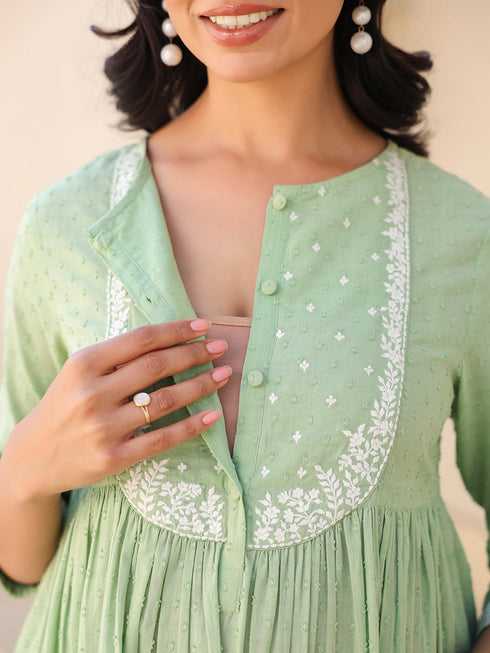 Janasya Women's Light Green Dobby Pure Cotton Yoke Embroidered A line Maternity Kurta Pant Set